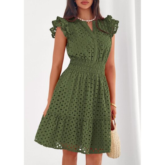 Women's Army Green V Neck Eyelet Cap Sleeve Summer Beach Vacation Sundresses - Picture 3 of 8
